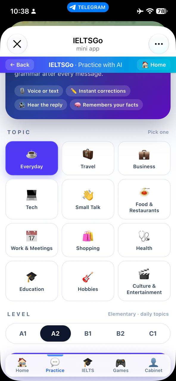 IELTSGo AI practice screen with conversation topics and CEFR level selection