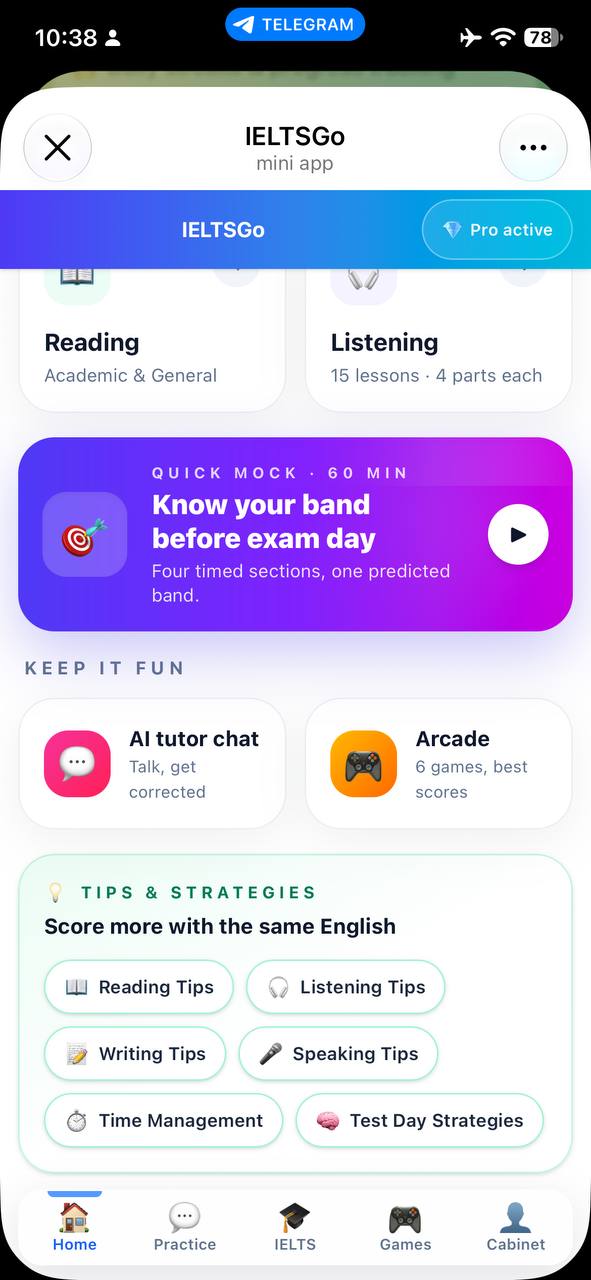 Updated IELTSGo screen inside Telegram with IELTS practice, Quick Mock, AI tutor, games and study tips